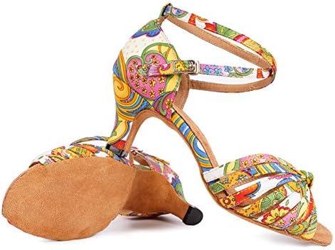 Juodvmp feminino impressão colorida cetim múltiplas tiras cruzando salão de salão de salsa latina cênção Sapatos Modelo L255