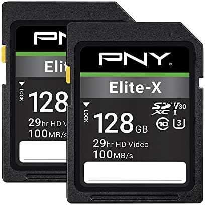 PNY 128GB Elite-X Classe 10 U3 V30 SDXC Flash Memory Card 2-Pack-100MB/S, Classe 10, U3, V30, 4K UHD, Full HD, UHS-I, SD