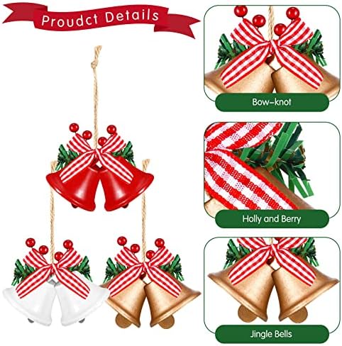 12 PCs Sinos de Natal para decoração Sinos de árvore de Natal Pingente pendurada Ornamento de metal sinos com arco Berry Holly
