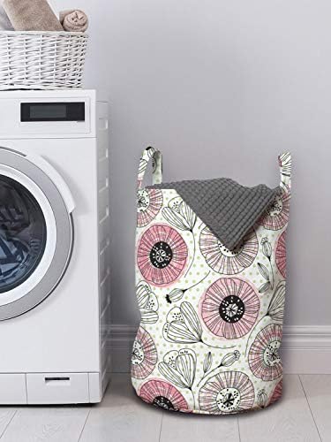 Bolsa de lavanderia de padrão de círculo de Ambesonne, doodle em esboços de flores desenhados à mão Arte do jardim, cesta de cesto com alças fechamento de cordão para lavanderia, 13 x 19, rosa pastel verde pálido