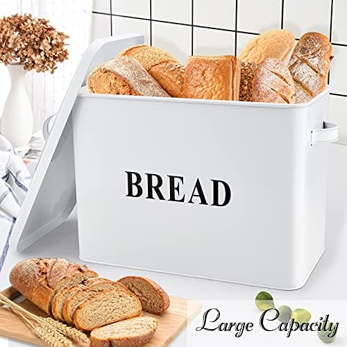 Caixa de pão de g -farinha, caixa de pão de metal com tampa para bancada de cozinha, contêiner de armazenamento de suporte de pão grande - 13 x 9,8 x 7,3 - contém 2+ pães, fazenda moderna e estilo vintage - branco - branco