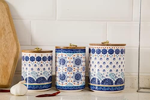 BICO Blue Talavera Casister Cerâmica Conjunto de 3 para balcão de cozinha, 62 onças, 40 onças, 32 onças cada, com tampa de