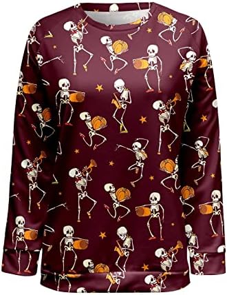 Camisas de Halloween Beuu para mulheres de manga longa casual blusas modernas de pescoço macio esqueleto de abóbora túnicas