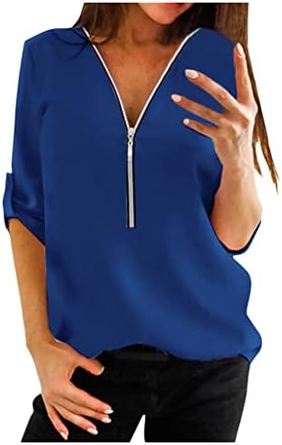 Tampas de verão de tamanho grande feminino 3/4 camisas sólidas de manga Zip V Blusa de túnica casual de pescoço e camisetas de moda de topo