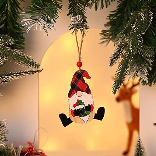 Decorações de Natal pintadas de madeira de madeira árvore de natal sem rosto, manto de vidro de vidro e gancho sem rosto