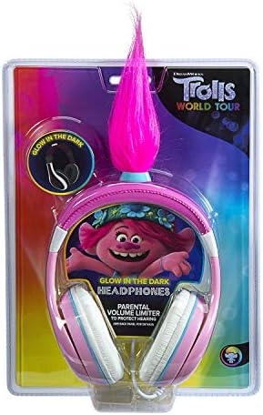 Ekids Trolls World Tour Poppy Kids Headphones, brilho no som escuro e estéreo, jack de 3,5 mm, fones de ouvido com fio para crianças, sem emaranhado, controle de volume, fones de ouvido infantis sobre o ouvido para viagem