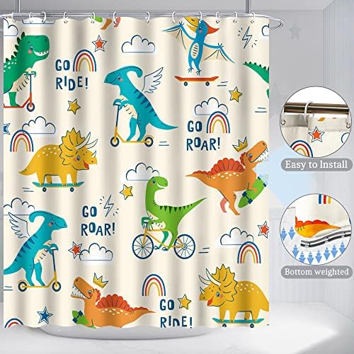 Poedist 4 PCs Conjunto de cortinas de chuveiro do banheiro, conjunto de banheiro infantil, conjuntos de cortinas de chuveiro com tapetes e 12 ganchos, dinossauros coloridos de desenho animado
