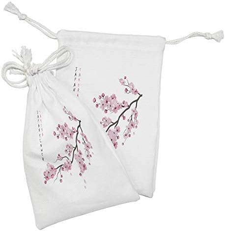 Conjunto de bolsas de tecido de Ambesonne East, ilustração de galhos de cerejeira japonesa com flores florescentes com tema da primavera Boho Art, Small Drawstring Saco para máscaras e favores de produtos de higiene pessoal, 9 x 6, branco rosa branco