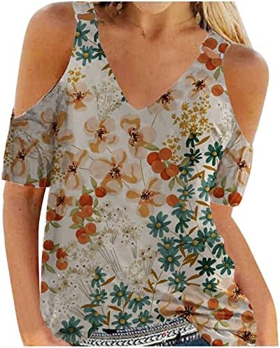 Camise de ombro feminino de ombro frio camiseta de manga curta metal fivela cami tops boho floral gráfico v blusa pescoço para meninas