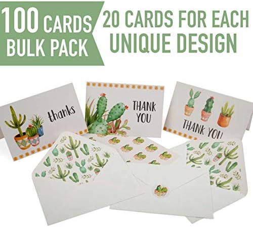 VNS Creations 100 Cactus Cartões de agradecimento com envelopes e adesivos, variedade de notas suculentas de Boho em caixa em massa de boho