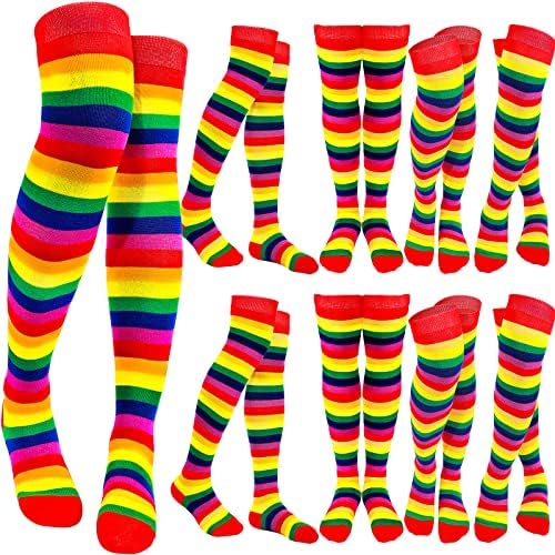 Hillban 10 pares arco -íris coloridos sobre as meias listradas do palhaço do joelho para a festa de cosplay do Mardi Gras