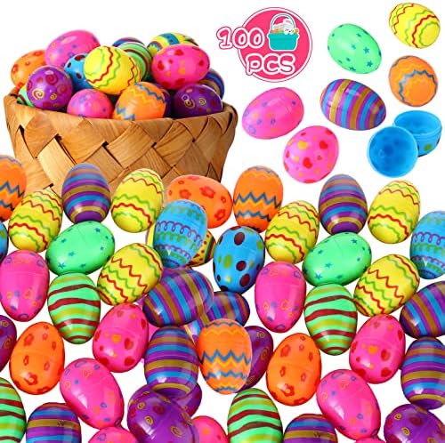 100 PCS Ovos de Páscoa de Plástico, ovos de plástico vazios impressos, ovos de plástico a granel preenchidos para cestas de Páscoa Bolsa de doces Festa de adultos para crianças, cores variadas, 2,36 x 1,65 polegadas