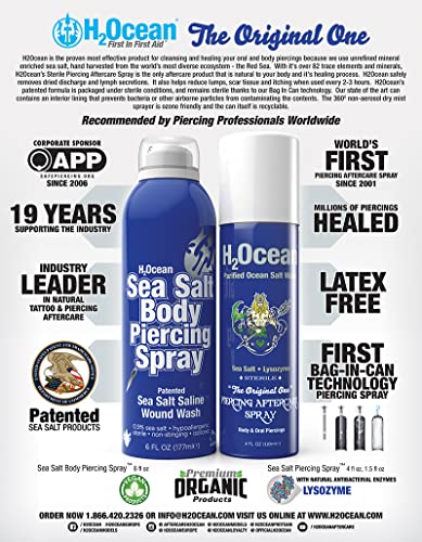 H2OCean Sea Sal Salina Piercing Spray After cuidados e lavagem de feridas, tratamento quelóide Bump para orelha, nariz, piercings navais e orais, acalma, limpeza, esteriliza a pele, vegana, 6 onças orgânicas