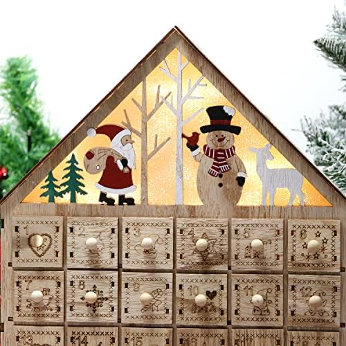 Calendário de advento de Natal Kurala 24 gavetas de abertura com luz LED, casa de advento de madeira de natal, presente
