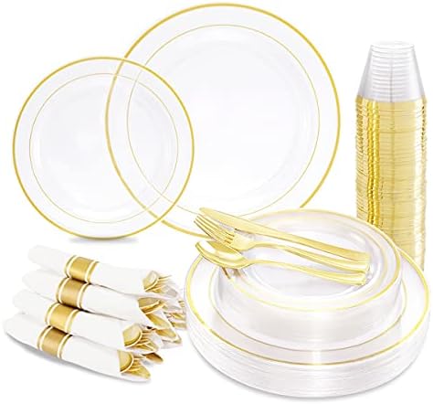 I00000 210pcs Placas plásticas de ouro transparentes, placas de plástico dourado e louça de ouro inclui: 30 pratos de jantar 10,25