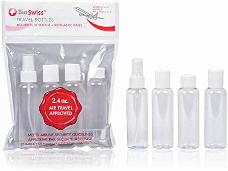 BioSwiss 4 pacote de viagens aéreas TSA Garrafas de viagem aprovadas, garrafas de higiene pessoal, recipientes líquidos de maquiagem