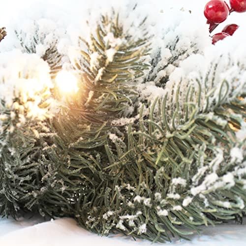 18 polegadas de pinheiro de pinheiro de 18 polegadas Berry vermelho inverno Branco neve lamineado Christmas Wreath Battery Operado sem fio com 15 luzes LED quentes antes da porta da frente do lado de fora, Corona de Navidad para Puerta