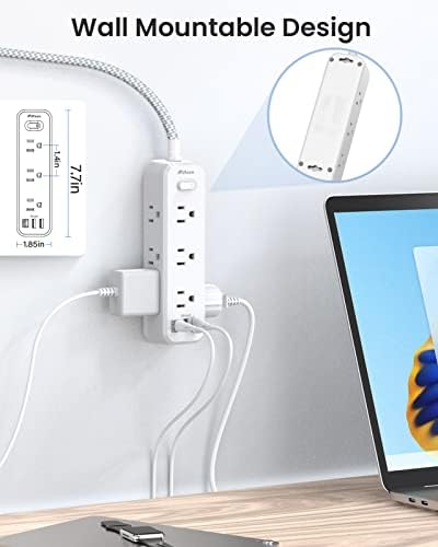 Protetor de onda de tira de energia com 9 pontos de venda 2 portas USB 1 USB C, cabo de extensão trançado de 3 pés de 5 pés, estação de carregamento de parede de parede de parede de parede de plugue plana para casa para casa, escritório, escritório
