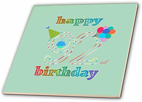 3drose feliz 92º aniversário, cupcake com vela, balões, chapéu, colorido - azulejos