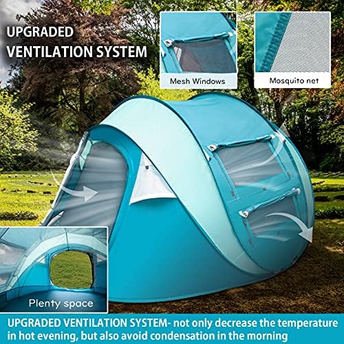 Sunnychic Double Cayer 4 Pessoas Easy Pop Up Camping Tenda para viagens de amizade e família, configuração rápida automática/portas à prova d'água/2 e com malha, 4 pessoas de tendas pop-up instantâneas, praia/quintal/ao ar livre