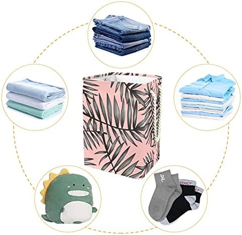 Cesto de lavanderia impermeável grande cesto de roupa dobrável com alça 4 haste destacável, lixo de palmeira de jungla rosa