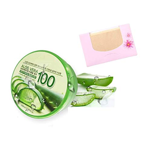 Soltreebundle Korean Skincare Aloe Vera Gel hidratante 300ml / 10,14 onças, sem benzofenona, sem parabeno, sem corantes artificiais Papel de transferência de óleo 50pcs