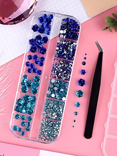 Strass azuis ebanku para unhas e artesanato com gemas redondas SS2-SS12 e pedras de 4 mm de 6 mm 3D para maquiagem Crafts Roupos Sapatos de unhas e decorações diy com pinças, misture 2 cores