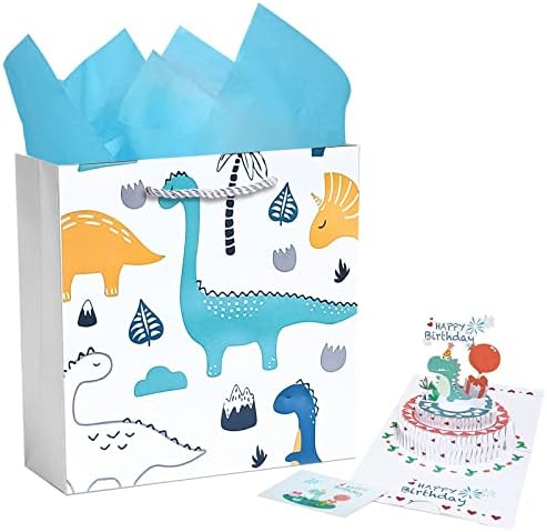 12 Grandes sacolas de presente de feliz aniversário com papéis de seda e cartão 3D para meninos meninas e crianças