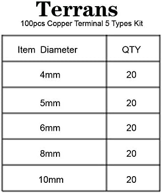 Terrans 100 PCS PCS Terminais de anel de cobre não isolados Kit de variedade de cabos conector de fio Crimp Spade Kit de fiação elétrica - Gentro de 10-4 - Caso Organizador