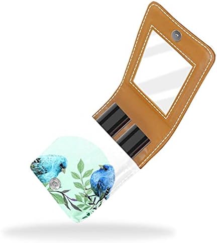 Blue Birds Padrão Caso pequeno de batom com espelho para bolsa, suporte de maquiagem cosmética de couro durável, kit de armazenamento de cosméticos portáteis de viagem portátil