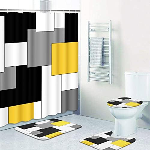 Preto amarelo Cinza moderno conjuntos de banheiro com cortina de chuveiro e tapetes e acessórios, conjuntos de cortinas de
