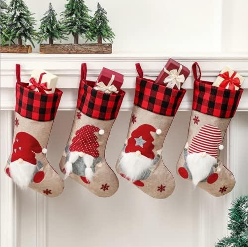 Rosablanca Christmas Stocking 4 peças - tamanho grande de 18 polegadas, 3D Papai Noel Silk Garter Belt Classic Linen Check Conjuntos para decorações e presentes de festa da família de férias de Natal, vermelho e caqui