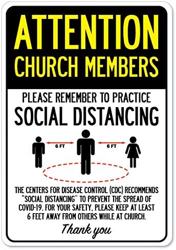 CIVID -19 Aviso Sinal - Atenção Os membros da igreja praticam distanciamento social | Descasque e o gráfico da parede