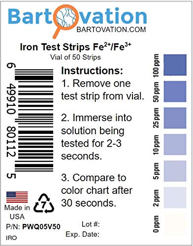 Tiras de teste de ferro, 0-100 ppm [frasco de 50 tiras] para medir ferro solúvel livre livre