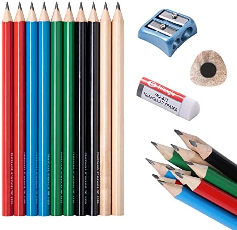 Lápis de gordura infantil de crianças natcot 10 lápis triangular pré -afiado com apontador de lápis de metal e borracha 4B para