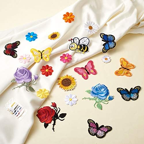 Fashewelry 57pcs Flores Ferro de borboleta em manchas Sunflower Rose Bees Costura em remendos de apliques de bordados com