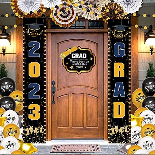 Decorações de graduação Classe de 2023 preto e dourado, banner da varanda da frente, grandes parabéns, pós -graduação em festas