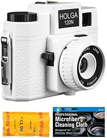 Câmera de filme de formato médio Holga 120n com pacote de filme Kodak TX 120 e pano de microfibra