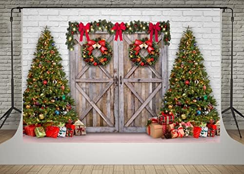 Kate 7x5ft Porta de madeira Frente Dois cenários de fotografia de árvores de Natal Busca branca Wall Wall Wreath Wreath Family