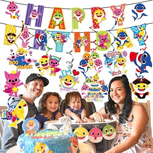 Decorações de aniversário de bebê e tubarão Banner de decorações de suprimentos de festas de bebê e tubarão e redemoinhos pendurados