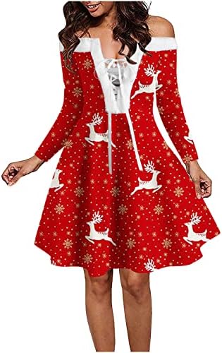 Moda de vestido feminino de Ruziyoog, Papai Noel Print Print Lace Lace Up Up Venos Velvet Off ombro Mini vestido