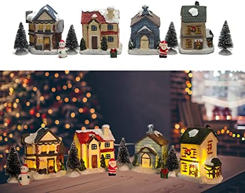 Conjunto de casas da vila de Natal do Qpurp, casas iluminadas da aldeia de Natal, decorações da vila da cidade natal