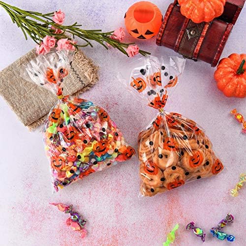 Halloween Pumpkin Print Cone Sacos de celofane térmico Halloween Sacos de doces sacos de doces e laços de reviravoltas douradas para o tratamento do tratamento de Halloween Favor