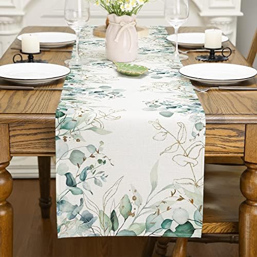 SIILUES Spring Table Runner, Spring Summer Decorações do eucalipto branco folhas de mesa verde Cornner sazonal Spring