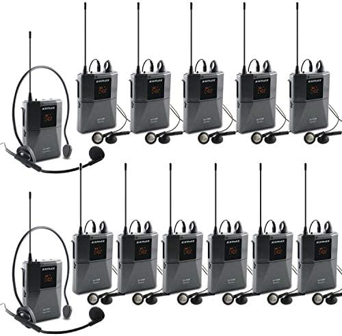 EXMAX EX -938 UHF Sistema de tradução da igreja sem fio da transmissão acústica de voz para reuniões em áreas sensíveis ao ruído Distanciamento social simultâneo - 2 transmissores e 11 receptores