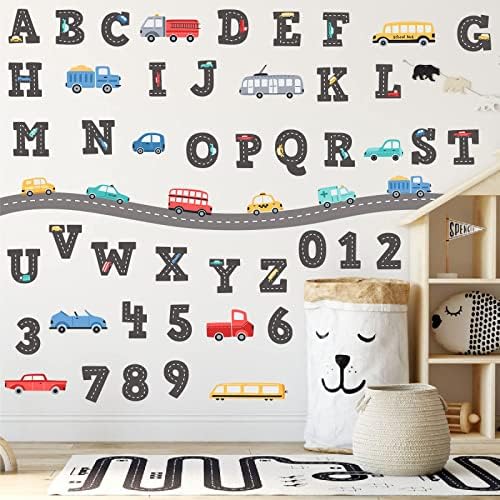 Adesivos de parede do alfabeto de car de desenho animado, cores de aprendizado Número de decalques de parede pré -escolares