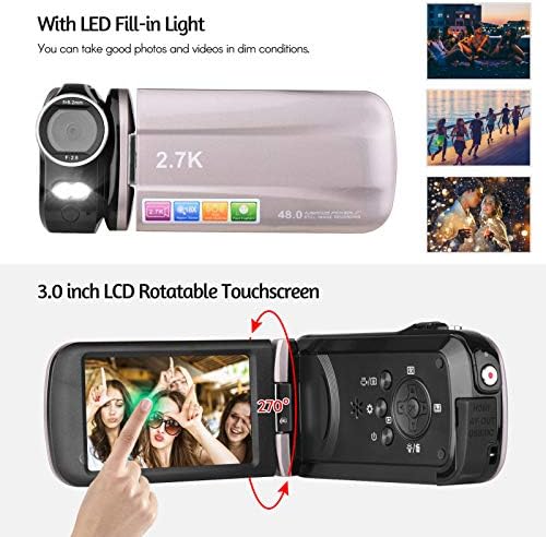 XIXIAN 2.7K Ultra HD Mini Câmera de vídeo digital DV DV CAMCOMERGE DE 48MP 3 polegadas Rotativa LCD Crega sensível ao toque 18x Luz de preenchimento de LED com zoom de 18x com bateria de lítio recarregável para crianças adolescentes iniciantes