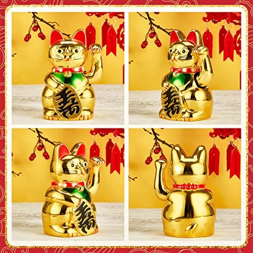 Chunful Lucky gato ondulando o braço Maneki Neko Gold Lucky Fortune Cat com agitando a mão para o Feng Shui acolhendo a sorte da sorte da riqueza decoração de riqueza, cobertura de bateria incluída