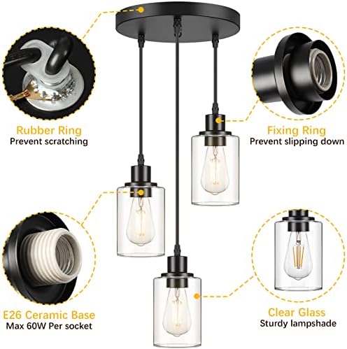 Luz pendente industrial de 3 luzes, luminária de suspensão ajustável com tonalidade de vidro transparente, iluminação de mini pendente,