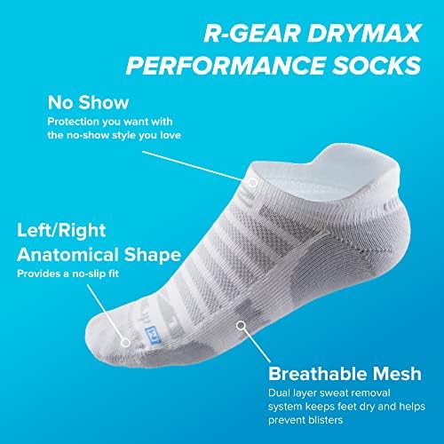 R-GEAR DRYMAX SEM SHOW SOCKS RUNDO PARA HOMENS E MULHERES, CUSHION LIGHT | Respirável, controle de umidade e anti -bolha | M, branco, 3 pacote
